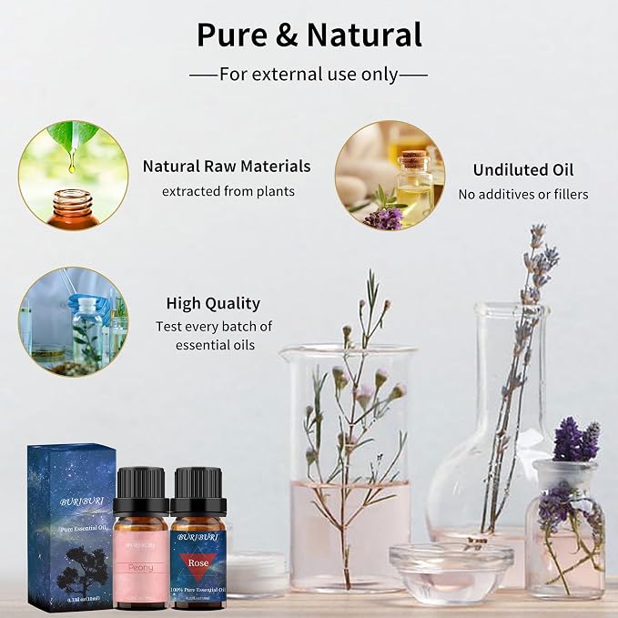 BURIBURI Rose Oil and Peony Essential Oil Set 2 Pack, 100% Pure Diffuser Rose - Image 6