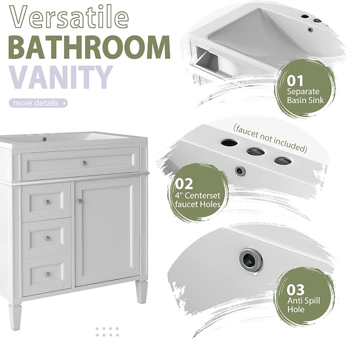 30" Bathroom Vanity with Matching Medicine Cabinet, Modern Sink Storage Cabinet - Image 5