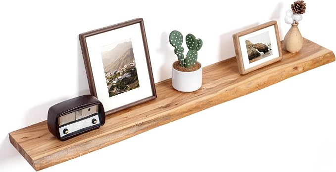 Floating Shelves for Wall Decor, Rustic Solid Elm Wood Live Edge Floating by FLYJOE