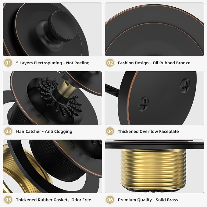 Oil Rubbed Bronze Bathtub Drain, Hair Catcher and 2-Hole Overflow Faceplate - Image 4