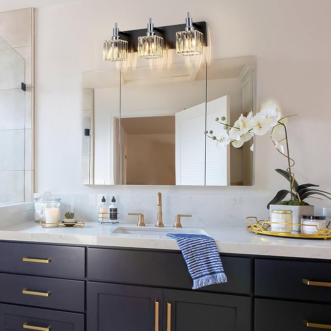 Black Chrome Bathroom Vanity Lights, Modern 3 Lights Crystal Bathroom Lighting - Image 2