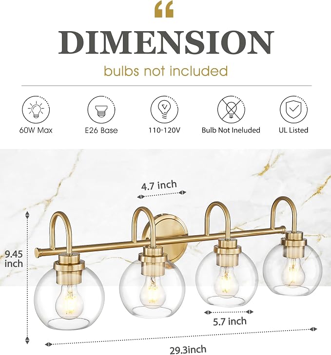 Bathroom Light Fixtures, 4-Light Brushed Gold Vanity Lights - Image 2