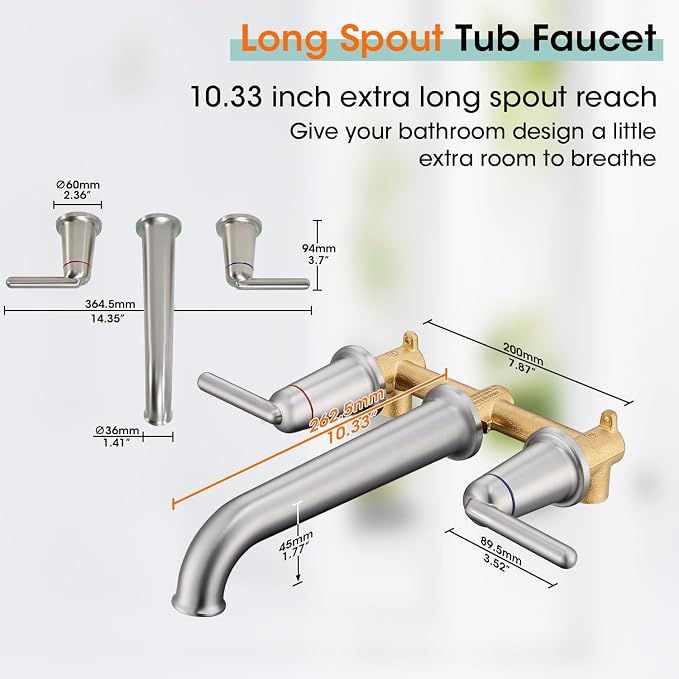 Wall Mount Tub Filler Long Spout Reach Tub Faucet - Image 6