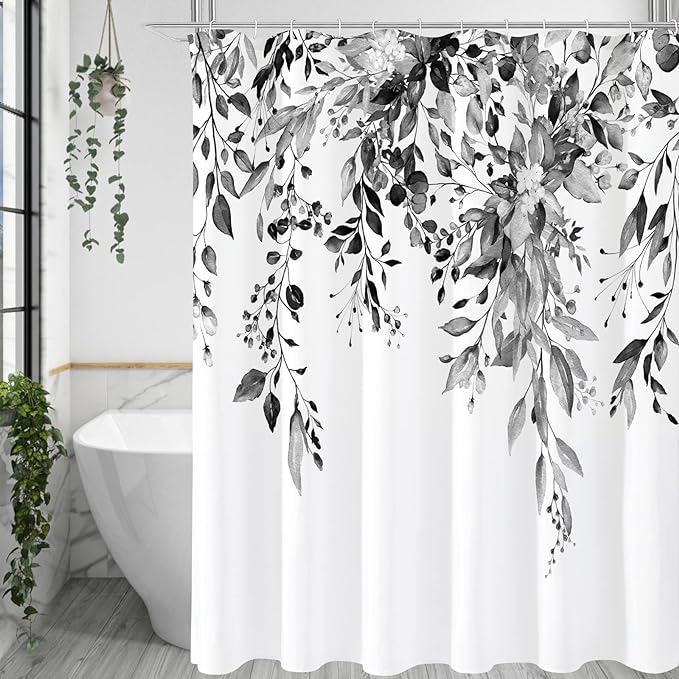 Gibelle Black and White Eucalyptus Shower Curtain by Gibelle