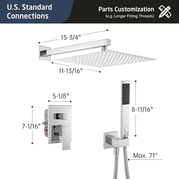 KES Chrome Shower Faucet Set, Shower System 12 Inch Rain Shower Head - Image 6