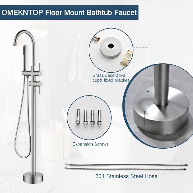 Freestanding Bathtub Faucet Floor Mount Tub Filler Brush Nickel, OMEKNTOP - Image 7