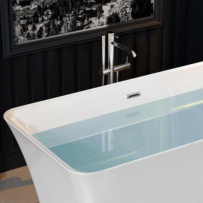 Empava 59" Freestanding Bathtub, Acrylic Deep Soaking Tub, Modern Stand Alone - Image 5