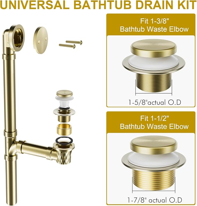 Brushed Brass Bathtub Drain Stopper and Overflow Kit, Solid Brass Tip-Toe Bath - Image 5