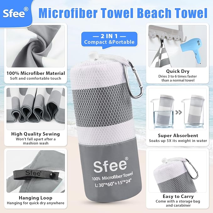 Sfee 2 in 1 Microfiber Beach Towel, Quick Dry Towel Camping Towel Travel Towel - Image 2
