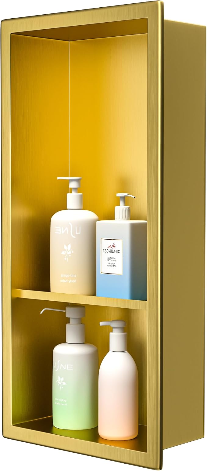 Stainless Steel Shower Niche 18"×8" Gold Double Shelf No Tiled Needed Niche by Bernkot