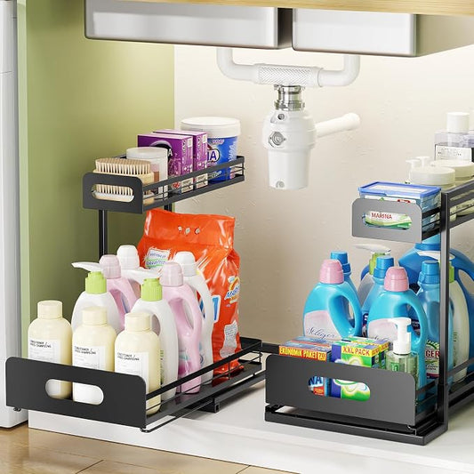 Delamu 2 Pack Metal Bathroom Organizers and Storage, 2 Tier Pull Out Under Sink by DELAMU