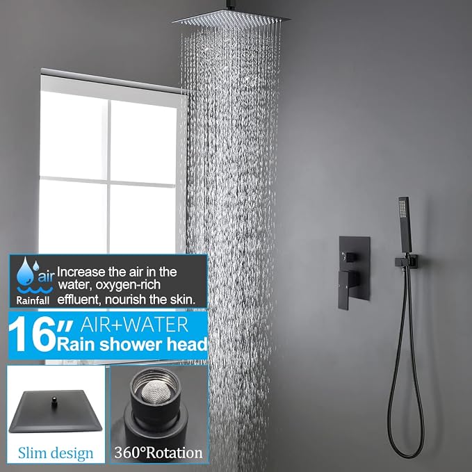 Matte Black Full Body Rain Shower System 16 Inch Ceiling Mount Dual Function - Image 3
