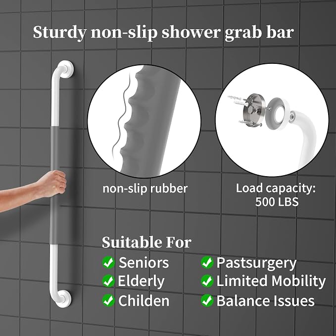 32 Inch Anti Slip Shower Grab Bar, Munzong White Stainless Steel Bathroom Grab - Image 3