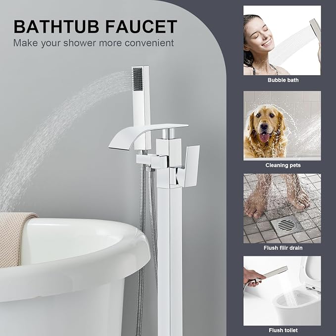 Senlesen Bathroom Chrome Freestanding Tub Faucet Floor Mounted Bathtub Shower - Image 3