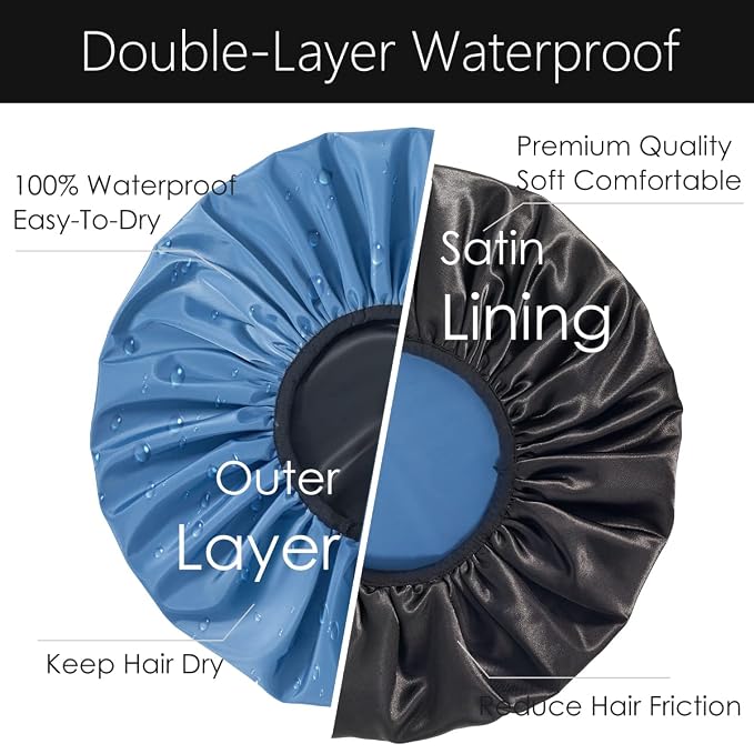 Auban Extra Large Shower Cap, Double-Layer Waterproof Reusable Satin Lining XL - Image 5