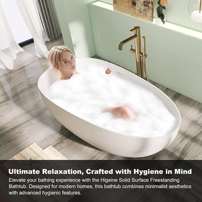 65" Premium Solid Surface Freestanding Bathtub, Upgraded Inside White and - Image 5