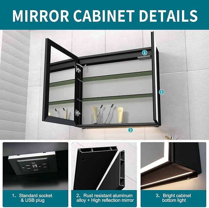 Lighted Medicine Cabinet with Mirror, 28 x 30 inch LED Bathroom Cabinet with - Image 3