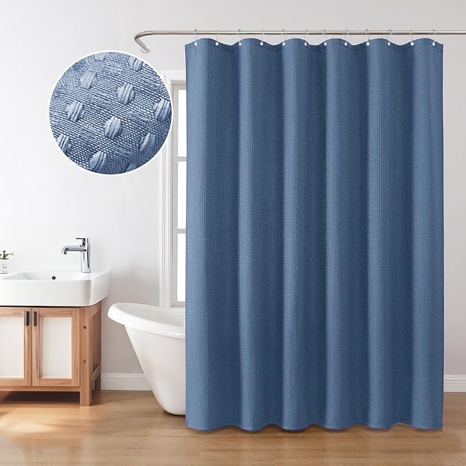 Inhousolu Fabric Shower Curtain Waffle Weave, Moonlight Blue 230 GSM Heavy Duty - Image 7