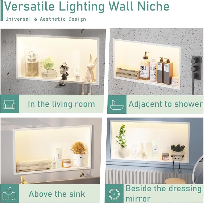 24"x12" Lighted Shower Niche ，Stainless Steel Waterproof Shower Storage - Image 3