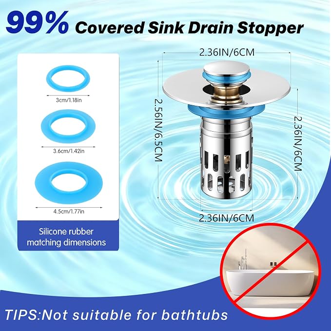 Upgraded Bathroom Sink Drain Strainer, Universal Stainless Steel Sink Stopper - Image 2