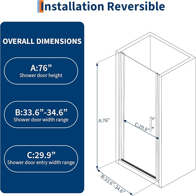 33.6-34.6" x 72" Frameless Shower Door - Image 2