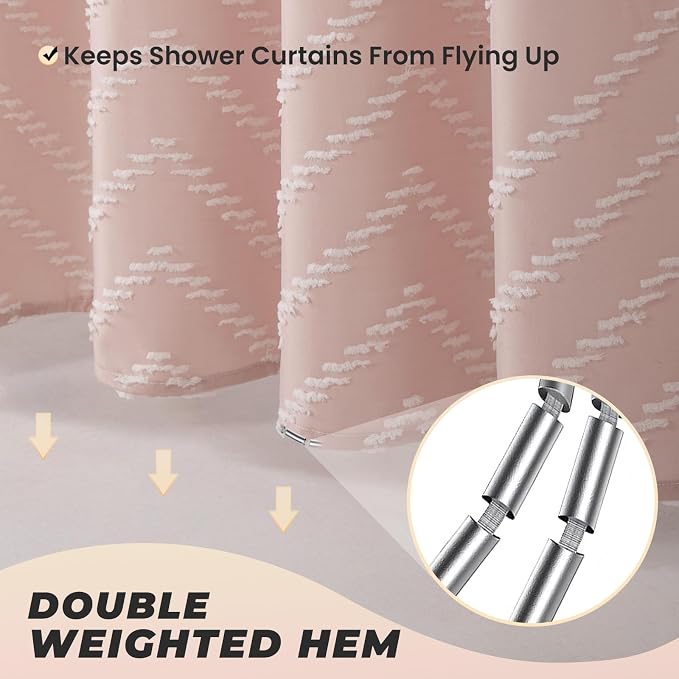 Long Blush Pink Boho Shower Curtain Cute Shower Curtain Textured Tufted Chevron - Image 4