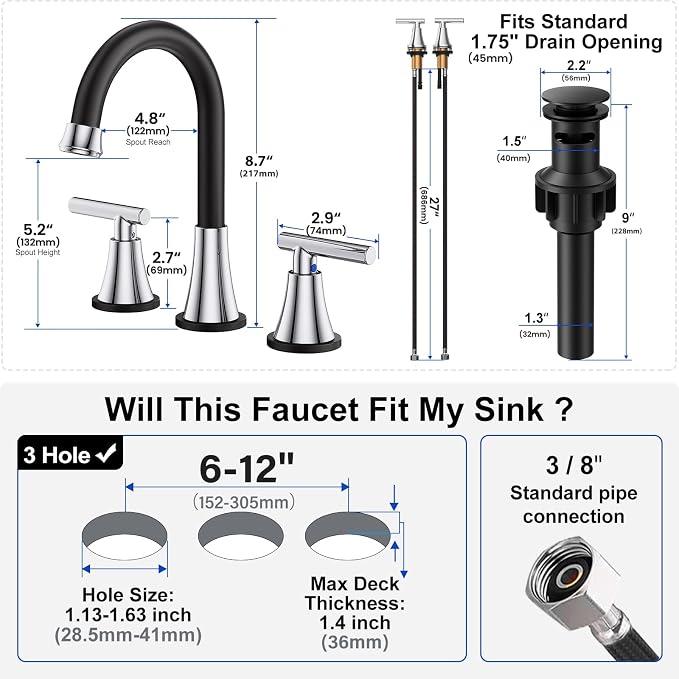Bathroom Faucets for Sink 3 Hole, Hurran Black& Chrome Bathroom Sink Faucet - Image 5