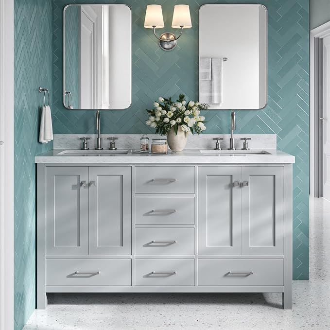 ARIEL Cambridge 61 Inch Grey Bathroom Vanity Double Sink, Solid Wood, Carrara - Image 3
