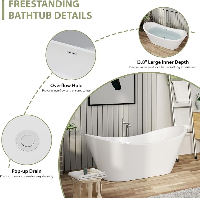 67 Inch Acrylic Freestanding Soaking Bathtub - Image 7