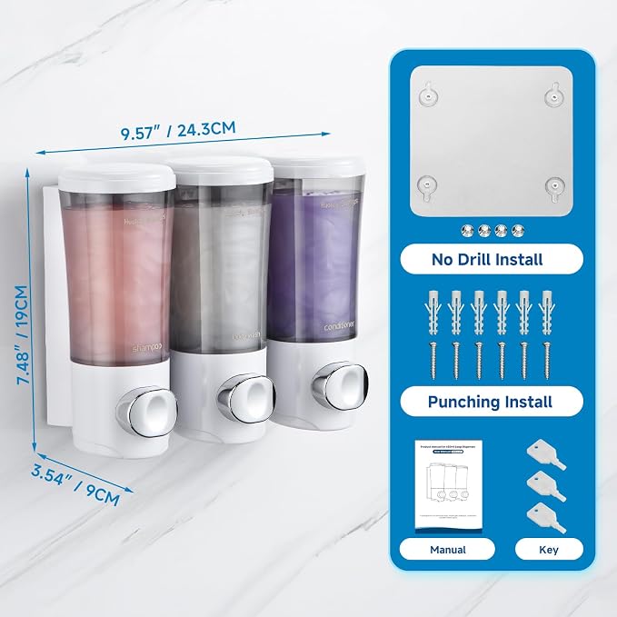 Shampoo and Conditioner Dispenser No Drill Shower Soap Dispenser Wall Mounted - Image 7