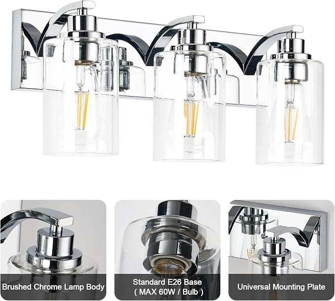3-Light Bathroom Light Fixtures Modern Chrome Vanity Lights - Image 6
