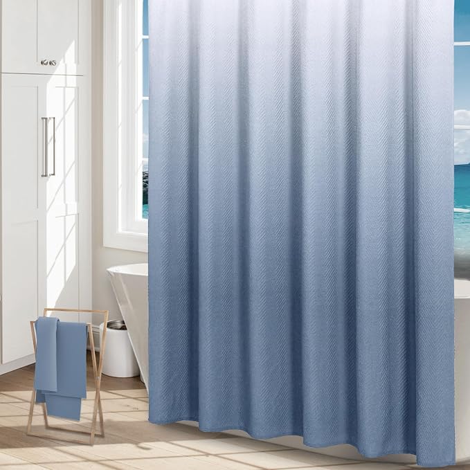 Gibelle Ombre Blue Shower Curtain, 3D Embossed Textured Herringbone Fabric - Image 2