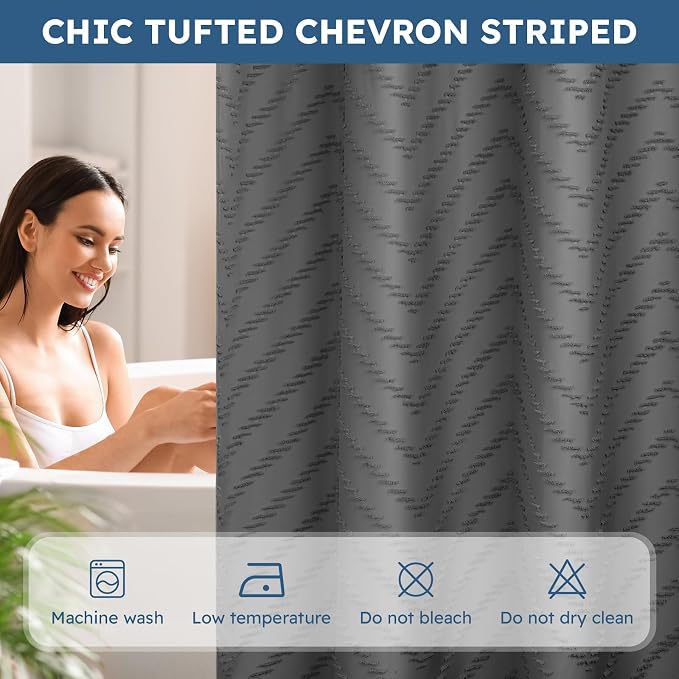 No Hook Shower Curtain and Snap in Liner Set Grey Tufted Chevron Striped Cloth - Image 4
