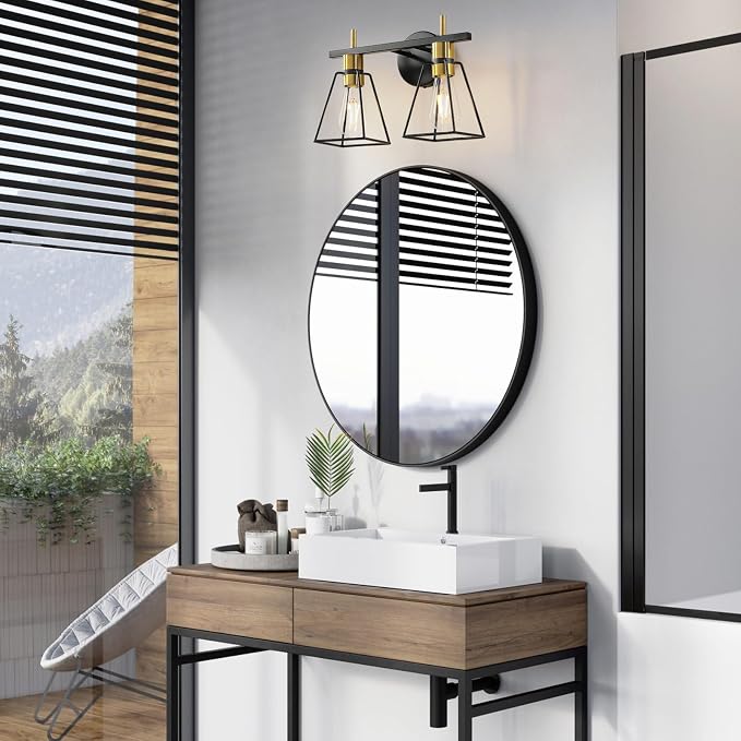 Industrial Bathroom Vanity Lights: 2 Lights Black and Gold Vintage Metal Cage - Image 6
