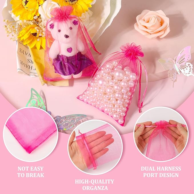 Hopttreely 100pcs Organza Drawstring Gift Bags, 4 x 4.72 inch Mesh, Hot Pink - Image 2