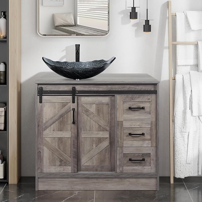 36 Inch Barn Door Bathroom Vanity, Farmhouse Style Standing Pedestal Cabinet by Solidee