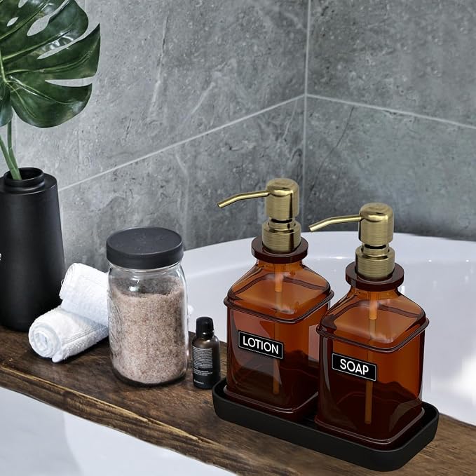 Soap Dispenser - 2 Pack, Antique Design Thick Amber Glass Hand Soap Dispensers - Image 6