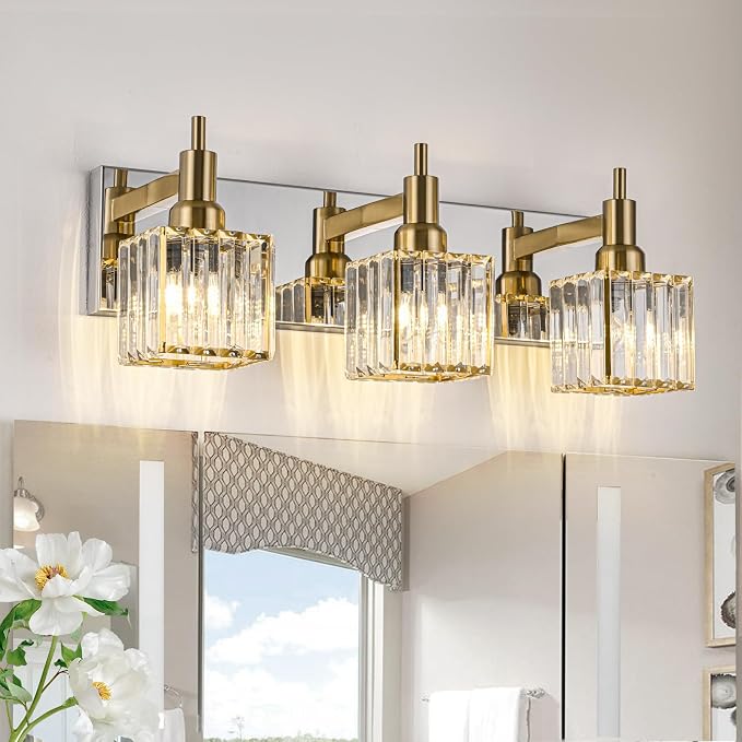 Crystal Bathroom Vanity Light Gold Chrome 3-Light Modern Bathroom Lighting by HUOKU