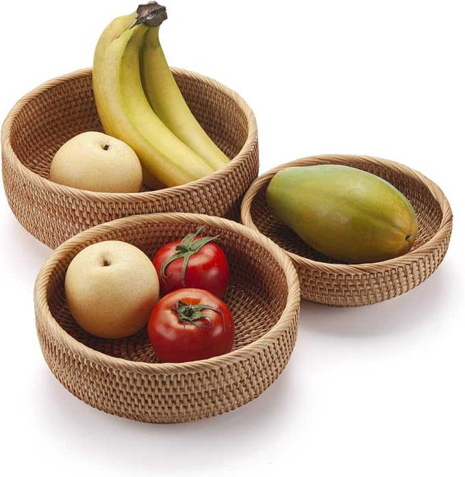 Round Rattan Fruit Baskets Woven Storage Bowls Key Holder Stackable - Image 6