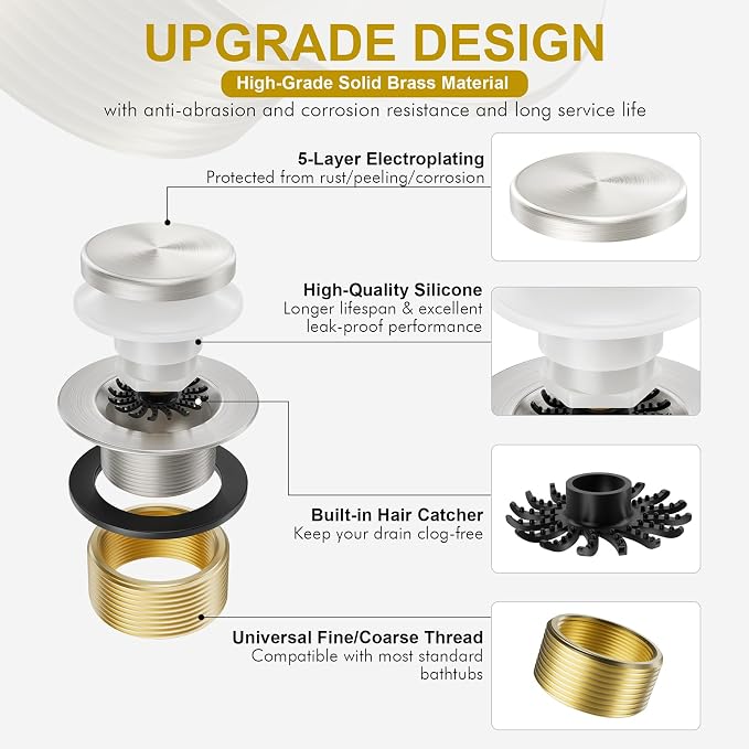 Brushed Nickel Bathtub Drain Stopper and Overflow Kit, Solid Brass Tip-Toe Bath - Image 2
