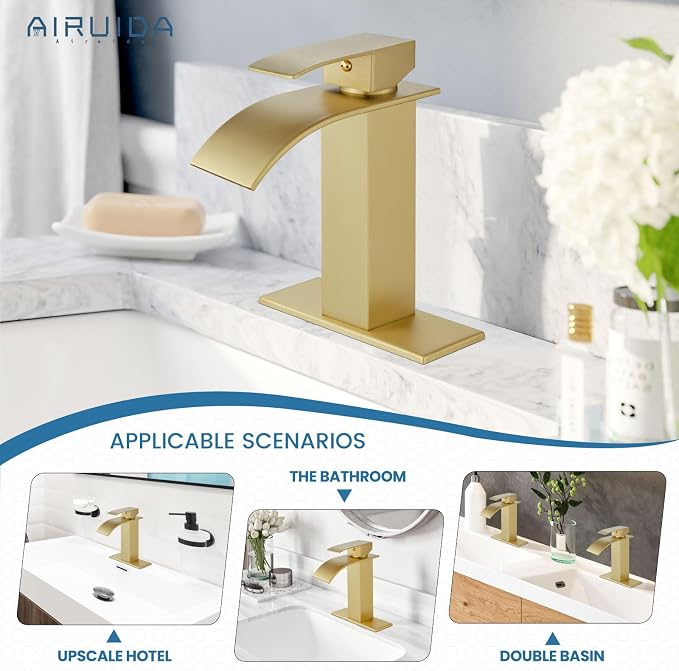 Airuida Brushed Gold Waterfall Spout Single Handle Bathroom Sink Faucet Single - Image 3