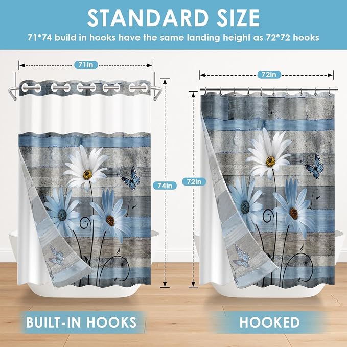 No Hook Blue Daisy and Butterfly Shower Curtain - Image 7