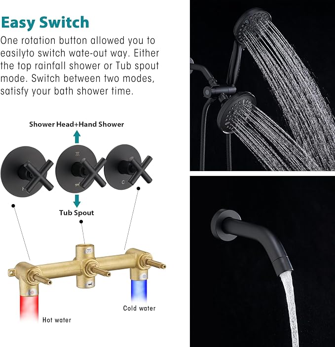 PROOX 3 Handle Tub Shower Faucet Set, Dual shower head Combo - Image 6