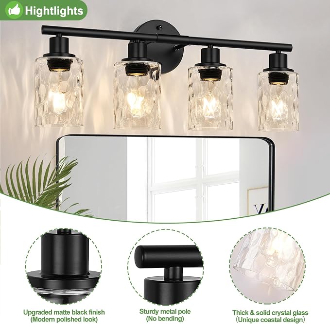 4-Light Bathroom Light Fixtures, Matte Black Vanity Lights - Image 4