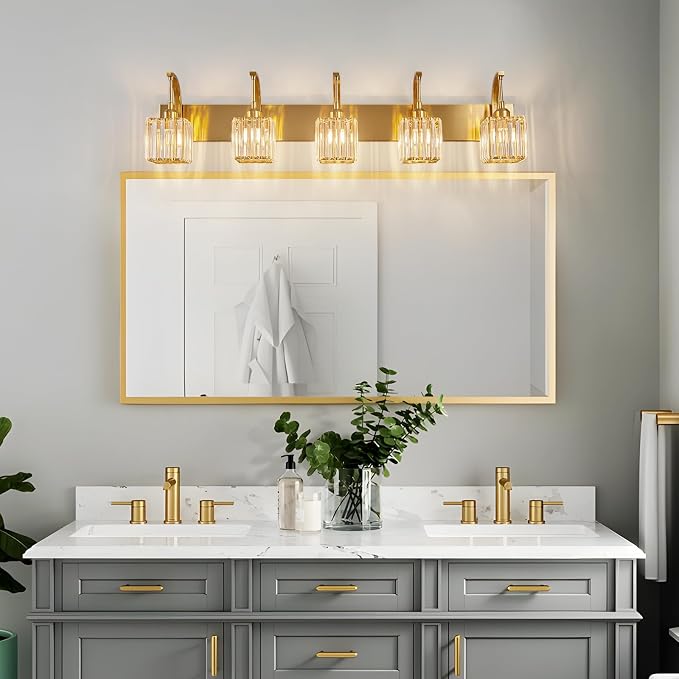 5-Light Crystal Vanity Light, Modern Gold Bathroom Wall Sconce - Image 2