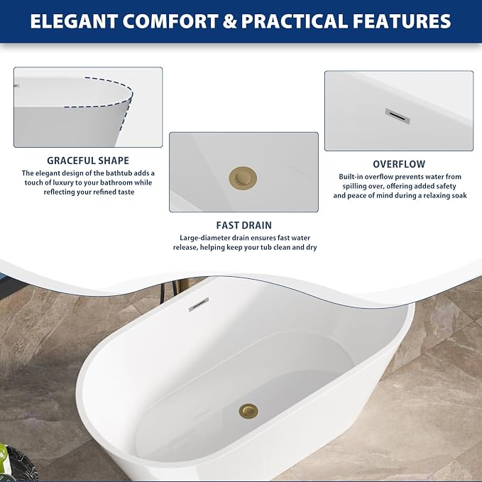 Sarlai 59 Inch Acrylic Freestanding Soaking Bathtub Contemporary Soaking White - Image 6