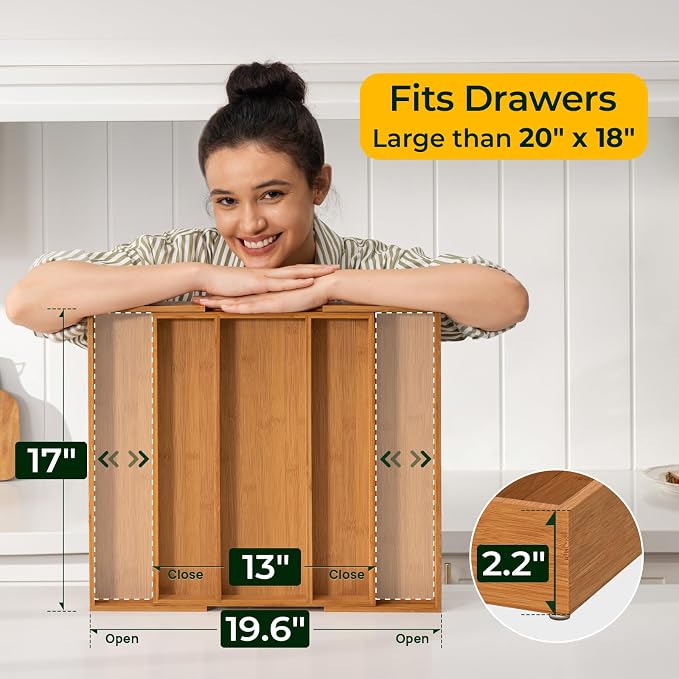 Carbonized Bamboo Kitchen Drawer Organizer, 5 Slots Expandable Silverware - Image 4