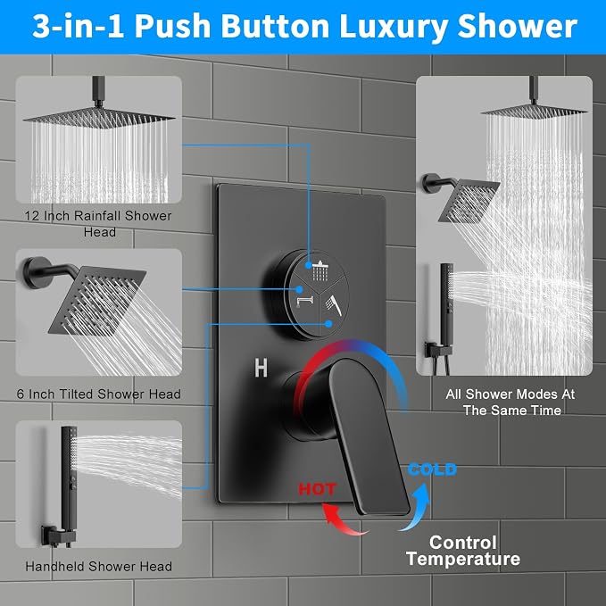 Shower Faucet Set, 3-Setting Push Button Matte Black Shower System, 12 Inch - Image 3