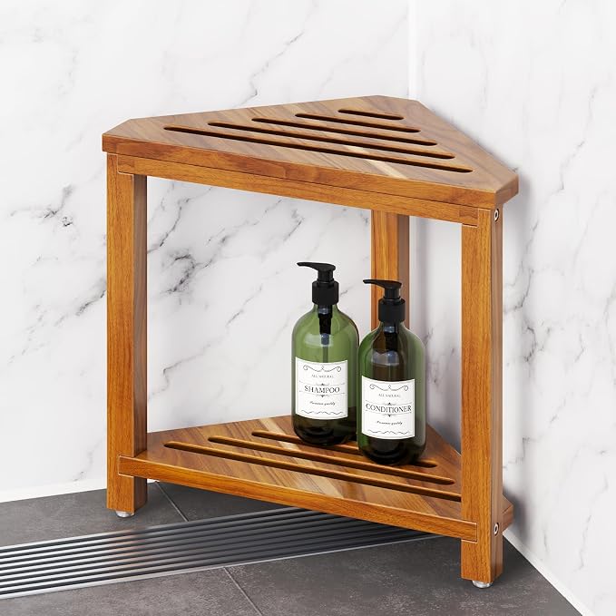 Corner Shower Stool for Inside Shower, Acacia Wood Corner Shower Shaving Step by Kzeirm
