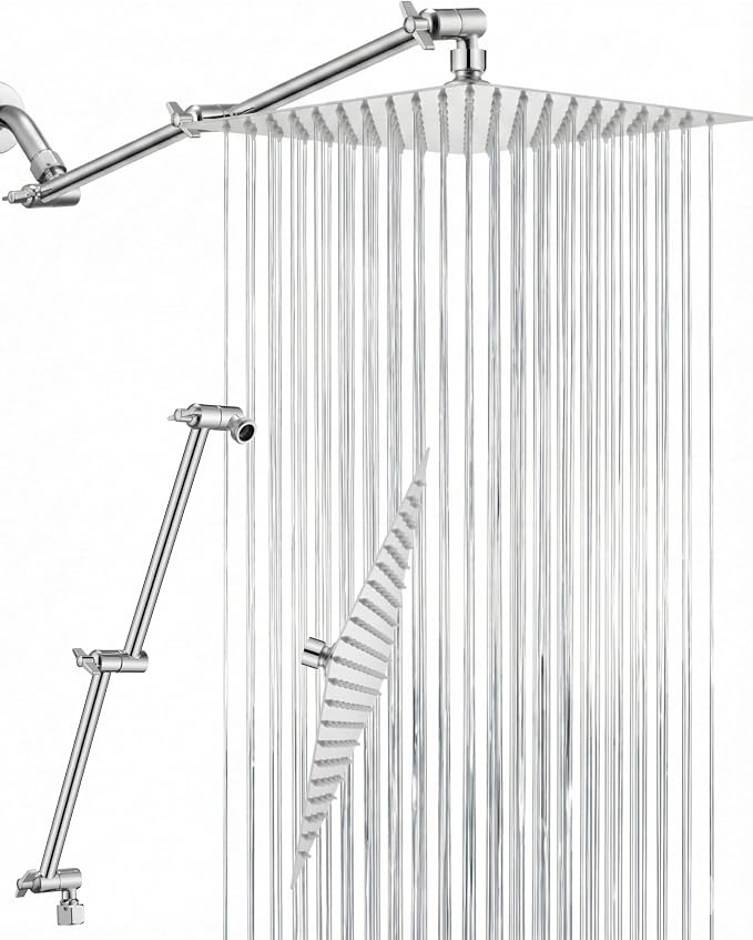 All Metal Rain Shower Head, Brass Adjustable Shower Arm Extender, Waterfall by SINGINGRAIN